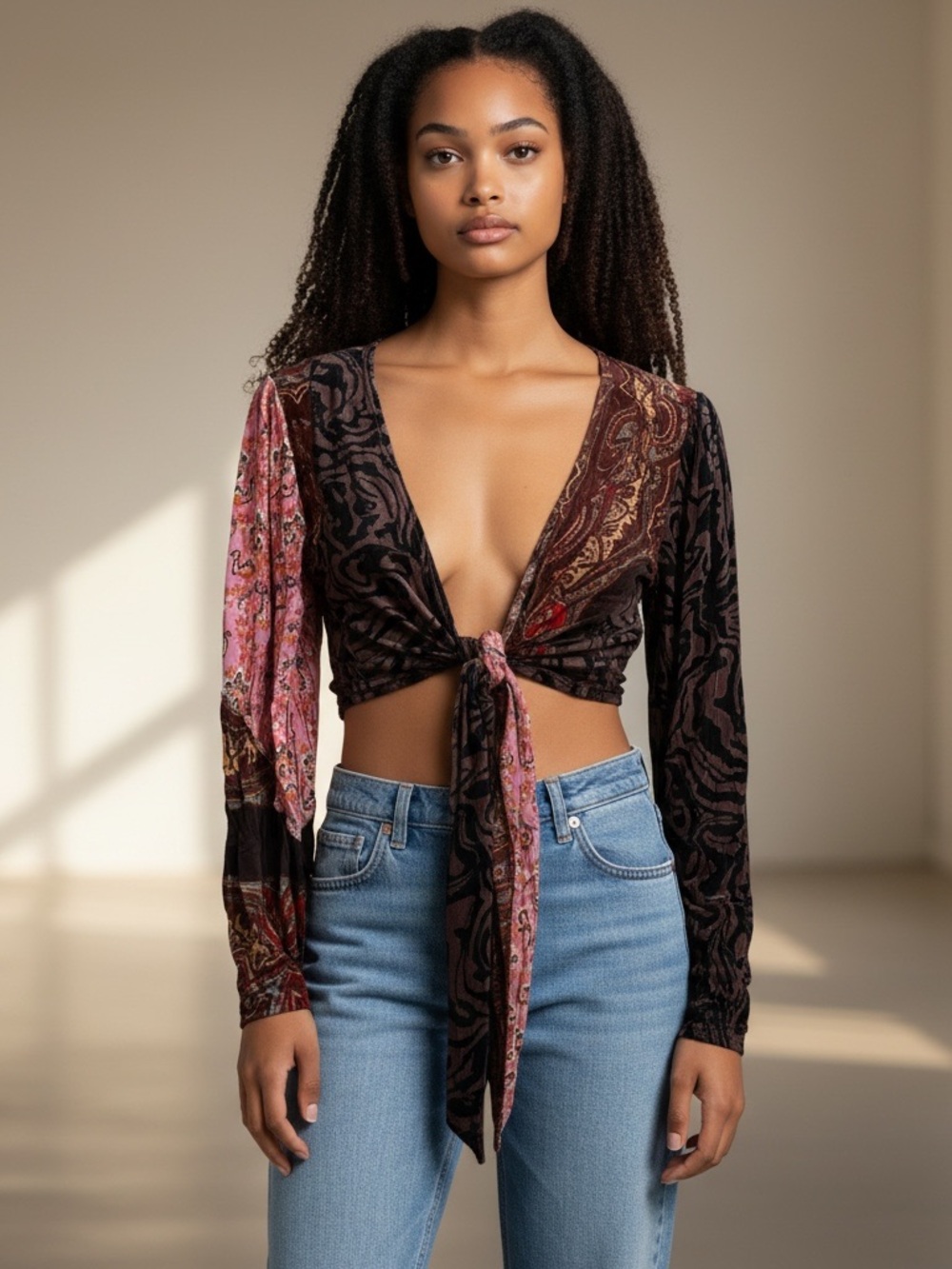 ✨ Free People Mixed Print Tie-Front Crop Top ✨